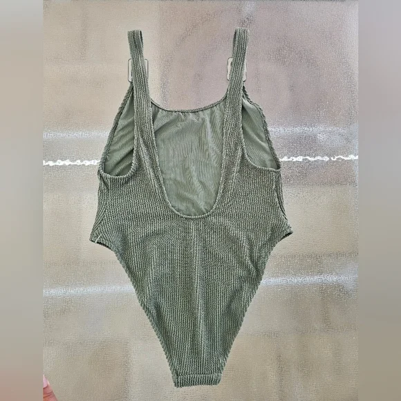 Aerie One-Piece Cheekiest Swim Olive Green Textured Luxe Minimalist Swimsuit - Picture 5 of 11
